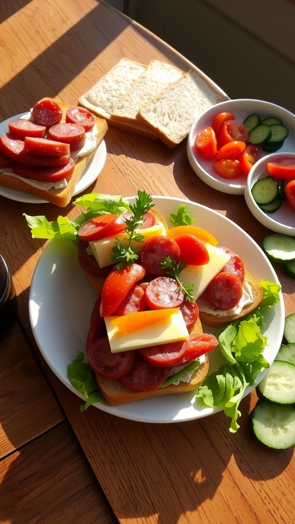 Delicious Dutch 12-Uurtje Lunch Recipe A delightful Dutch 12-uurtje lunch with bread, cheese, smoked sausage, and fresh vegetables on a wooden table.